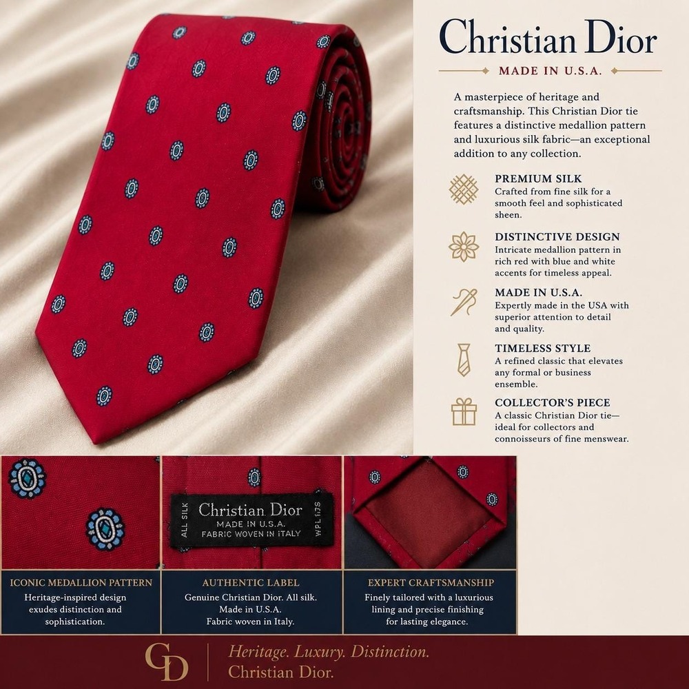 Christian Dior Red Silk Medallion Necktie Made in USA Italian Fabric Mens Tie